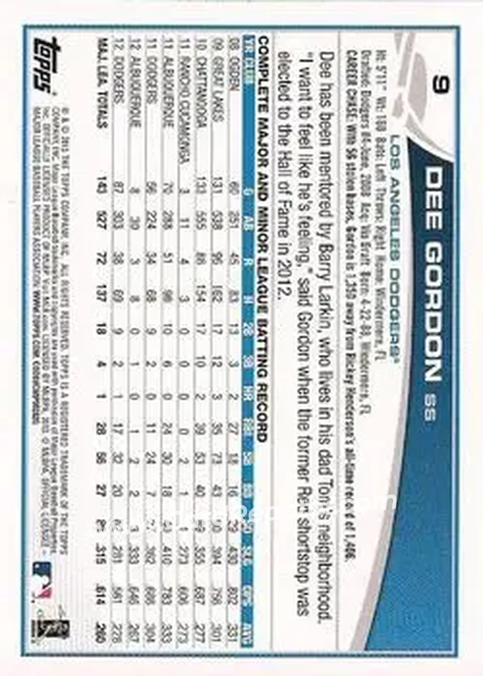 2013 Topps #9b - Dee Gordon - Los Angeles Dodgers - Back