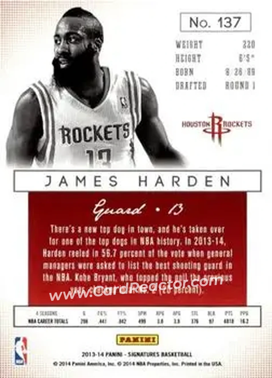 2013-14 Panini Signatures #137 - James Harden - Houston Rockets - Back