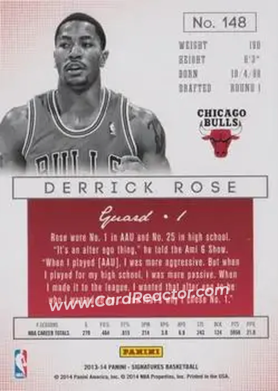 2013-14 Panini Signatures #148 - Derrick Rose - Chicago Bulls - Back