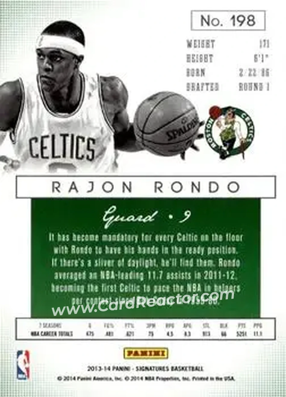2013-14 Panini Signatures #198 - Rajon Rondo - Boston Celtics - Back
