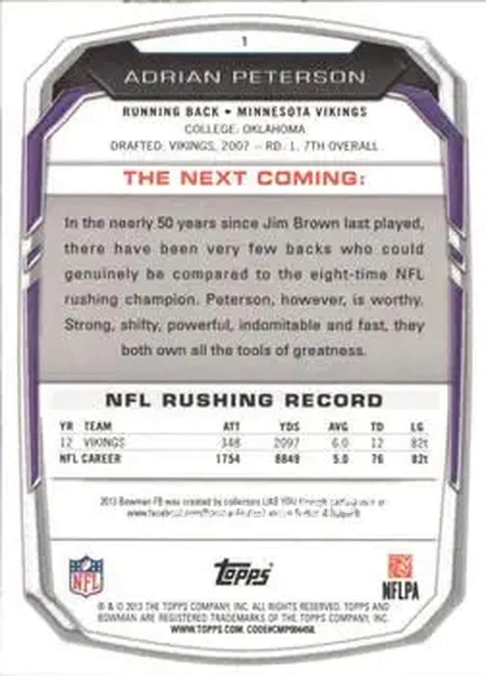 2013 Bowman #1 - Adrian Peterson - Minnesota Vikings - Back