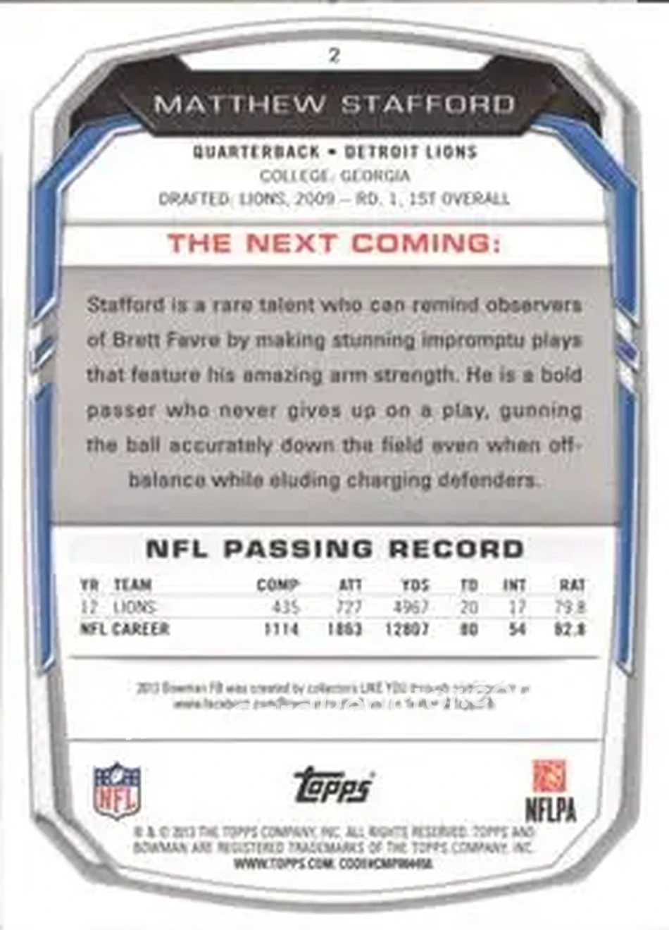 2013 Bowman #2 - Matthew Stafford - Detroit Lions - Back