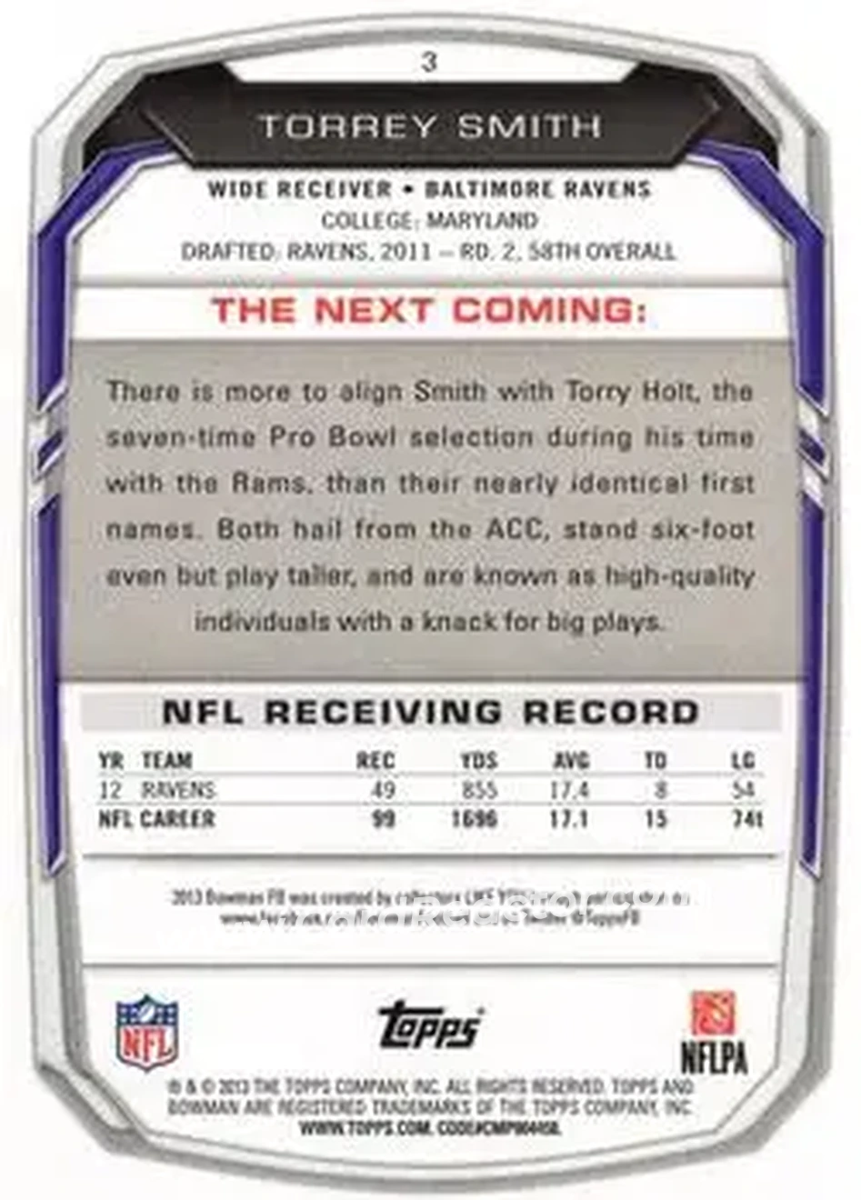 2013 Bowman #3 - Torrey Smith - Baltimore Ravens - Back