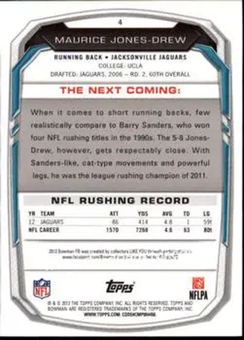 2013 Bowman #4 - Maurice Jones-Drew - Jacksonville Jaguars - Back