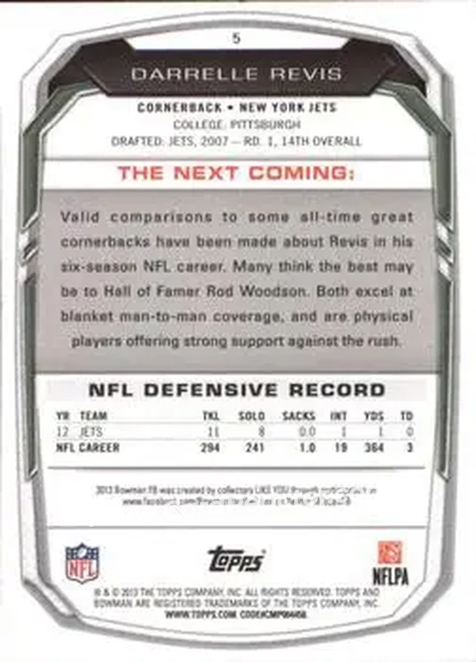 2013 Bowman #5 - Darrelle Revis - New York Jets - Back
