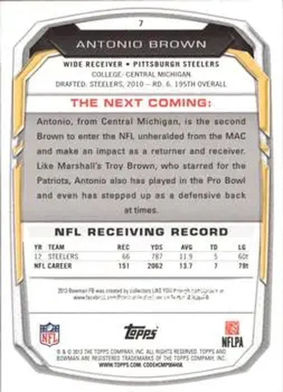2013 Bowman #7 - Antonio Brown - Pittsburgh Steelers - Back