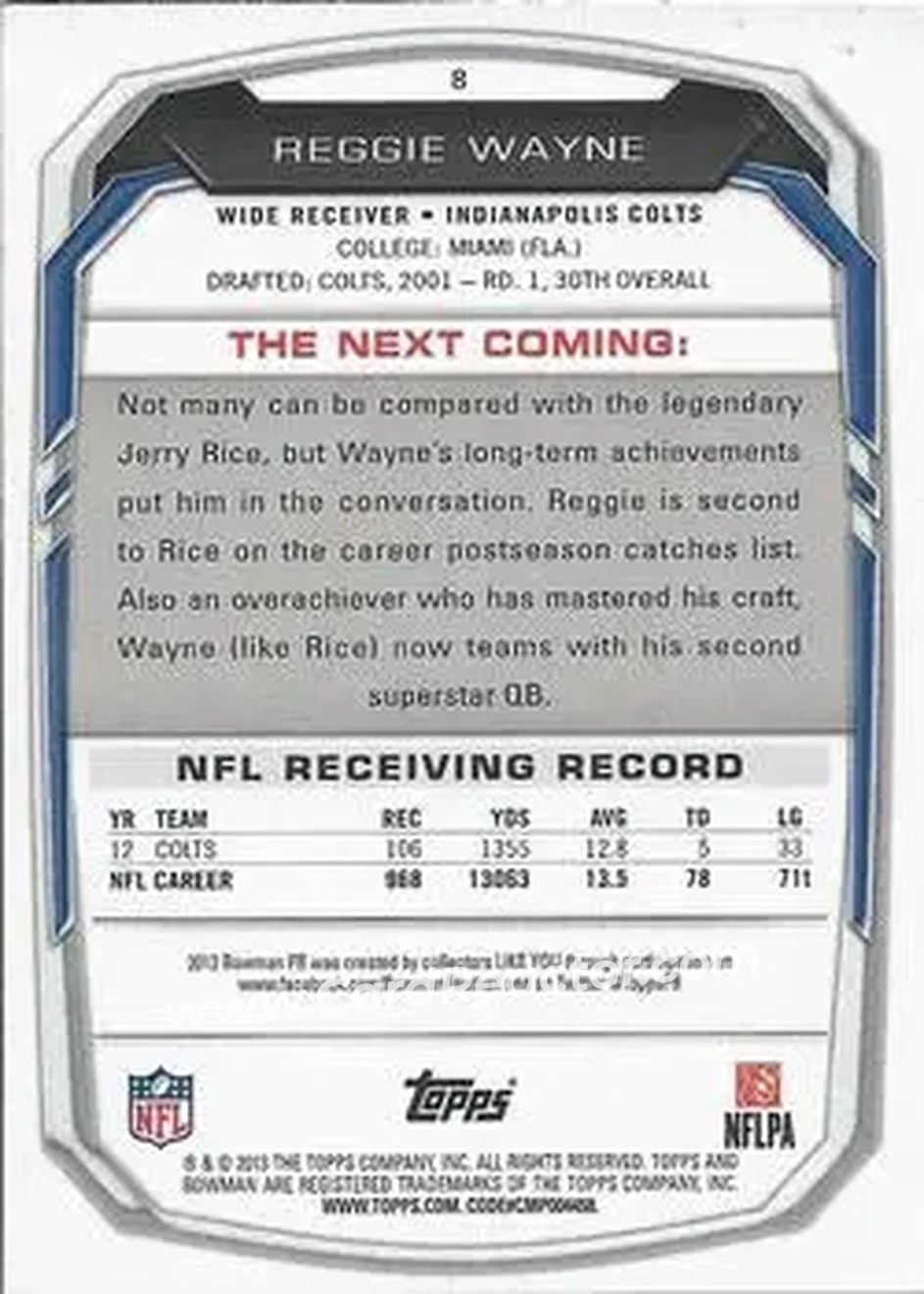 2013 Bowman #8 - Reggie Wayne - Indianapolis Colts - Back