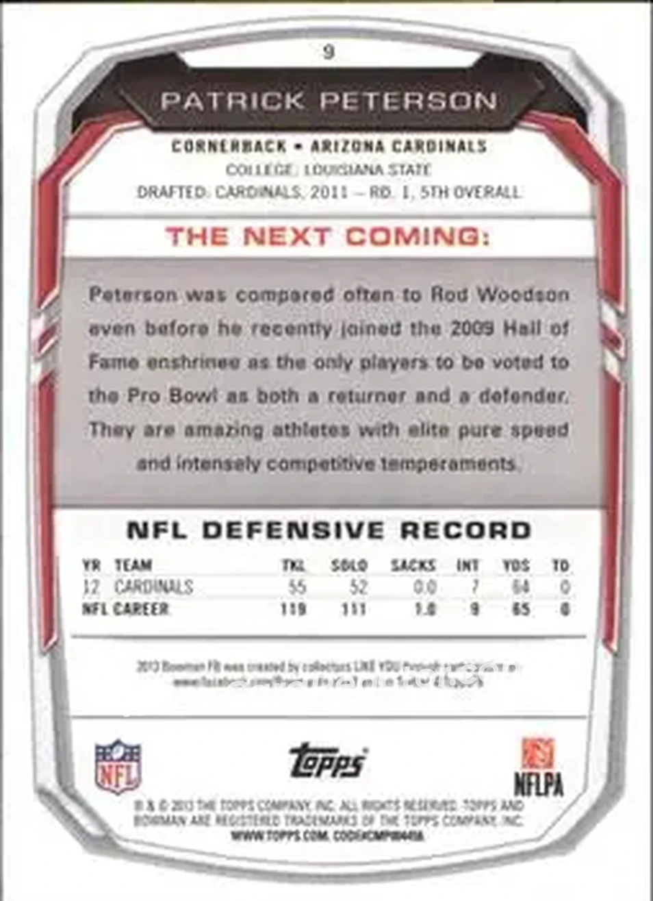 2013 Bowman #9 - Patrick Peterson - Arizona Cardinals - Back