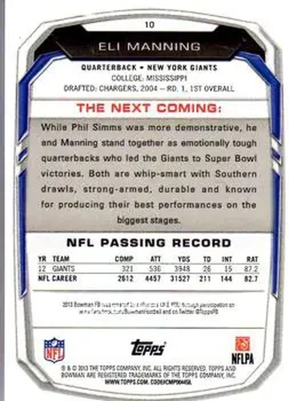 2013 Bowman #10 - Eli Manning - New York Giants - Back
