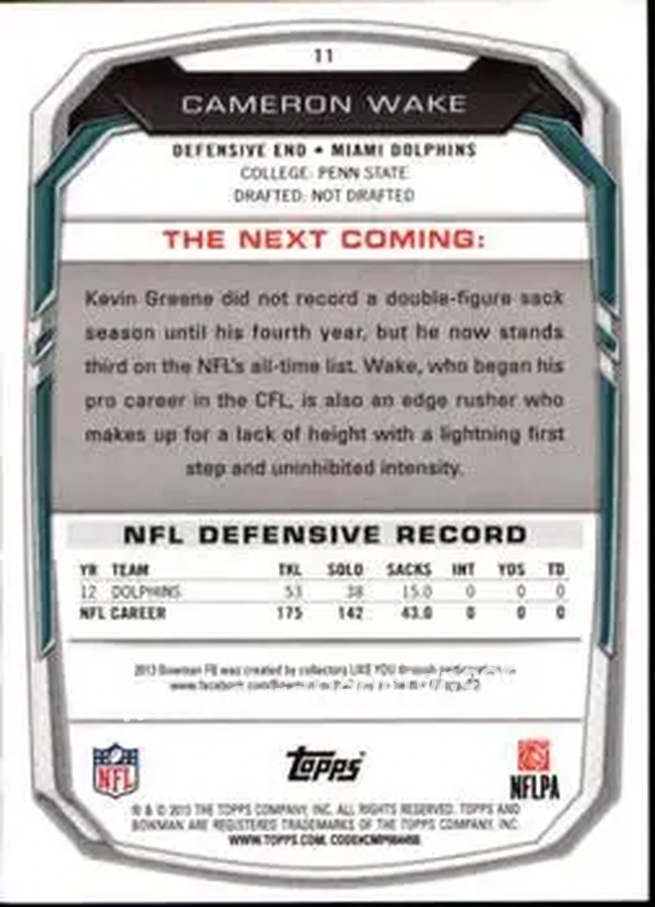 2013 Bowman #11 - Cameron Wake - Miami Dolphins - Back