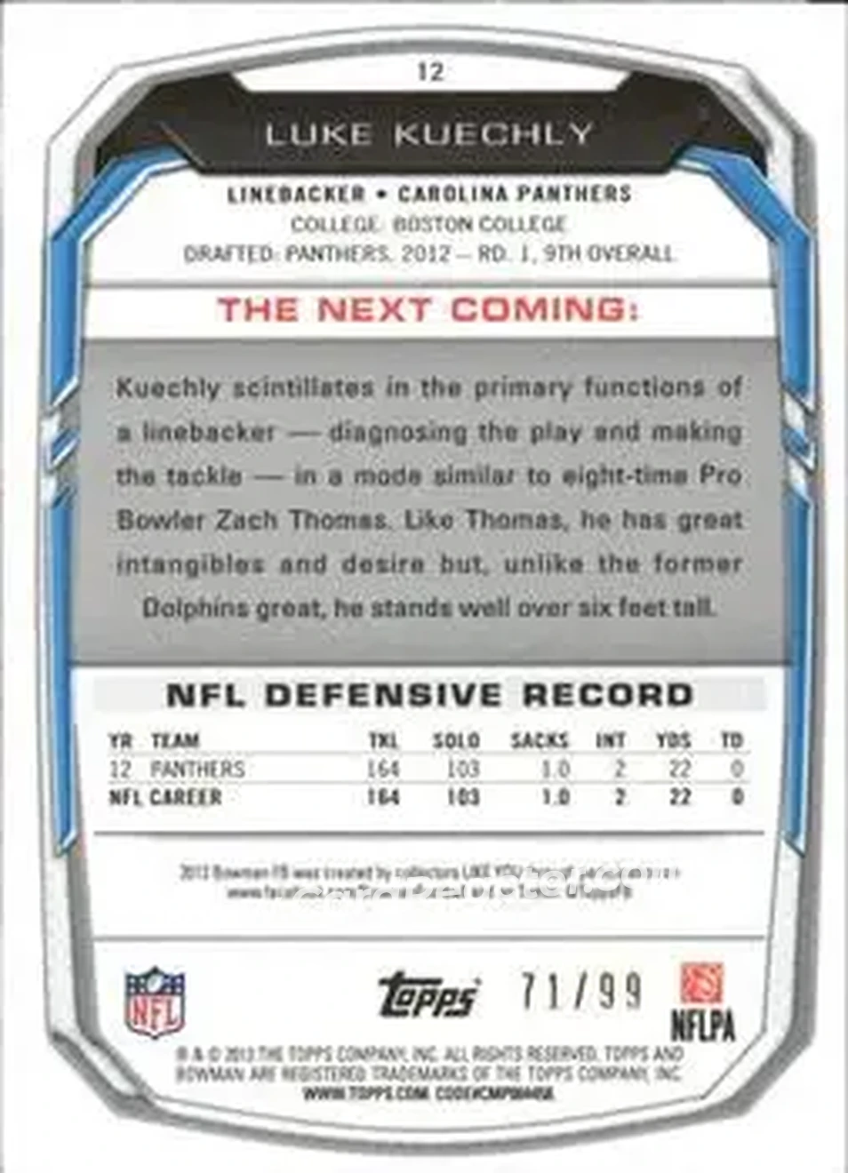 2013 Bowman #12 - Luke Kuechly - Carolina Panthers - Back