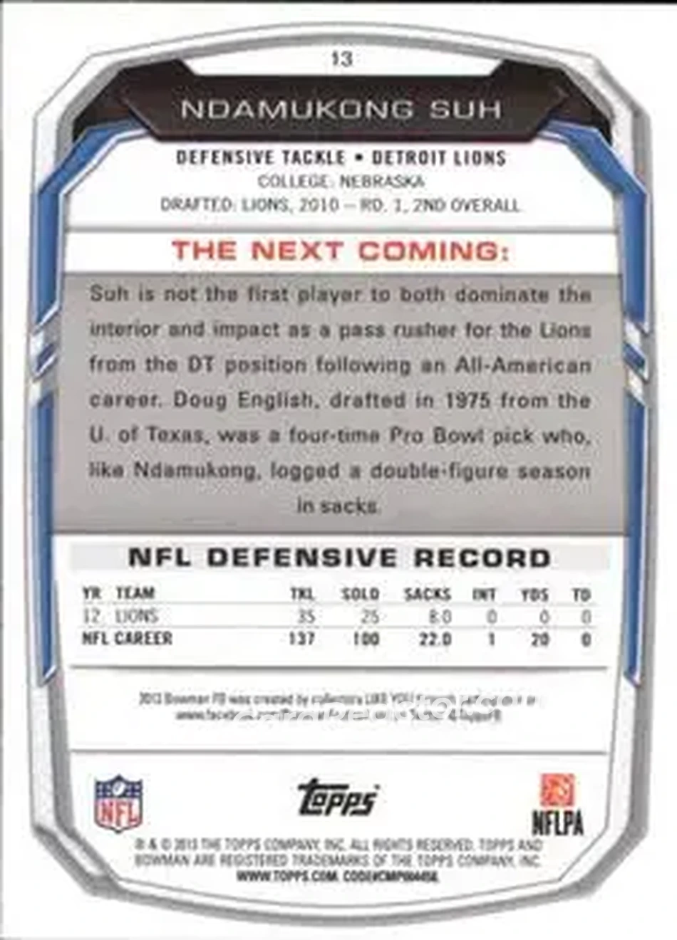 2013 Bowman #13 - Ndamukong Suh - Detroit Lions - Back