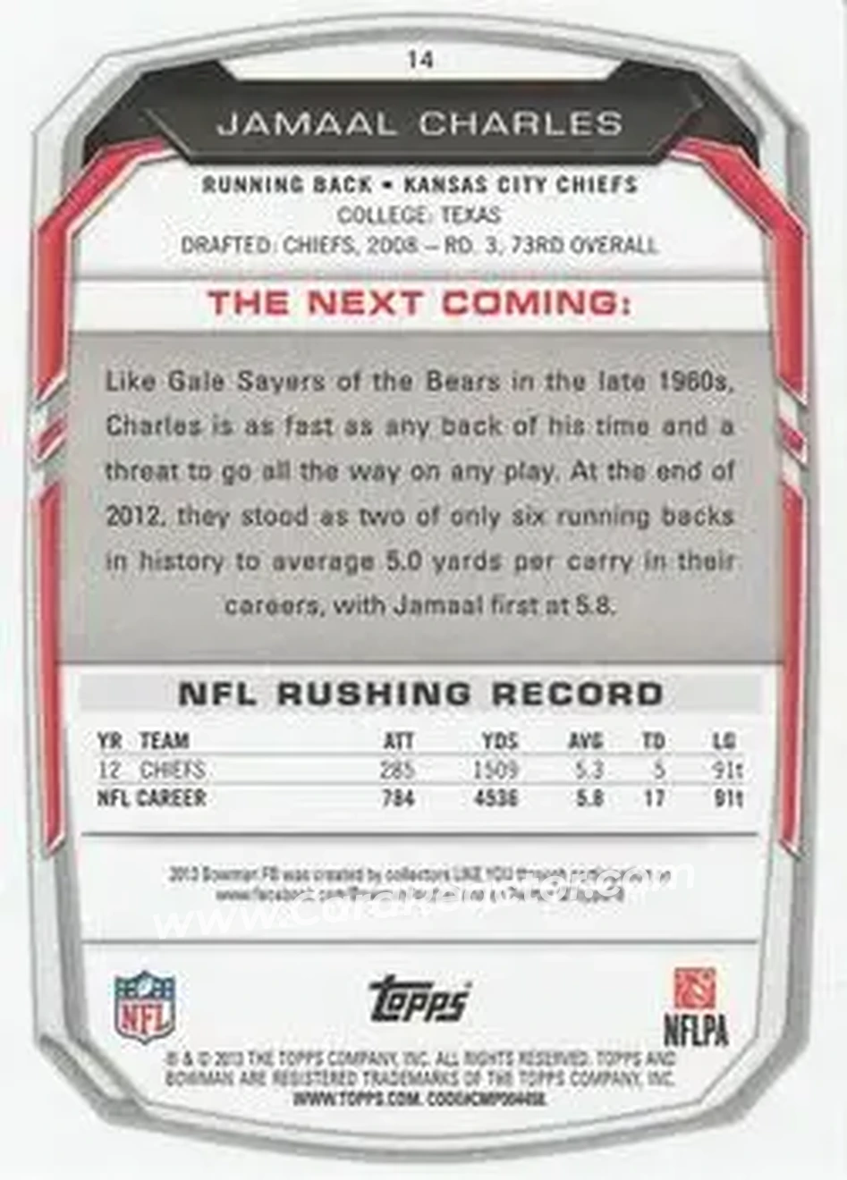 2013 Bowman #14 - Jamaal Charles - Kansas City Chiefs - Back