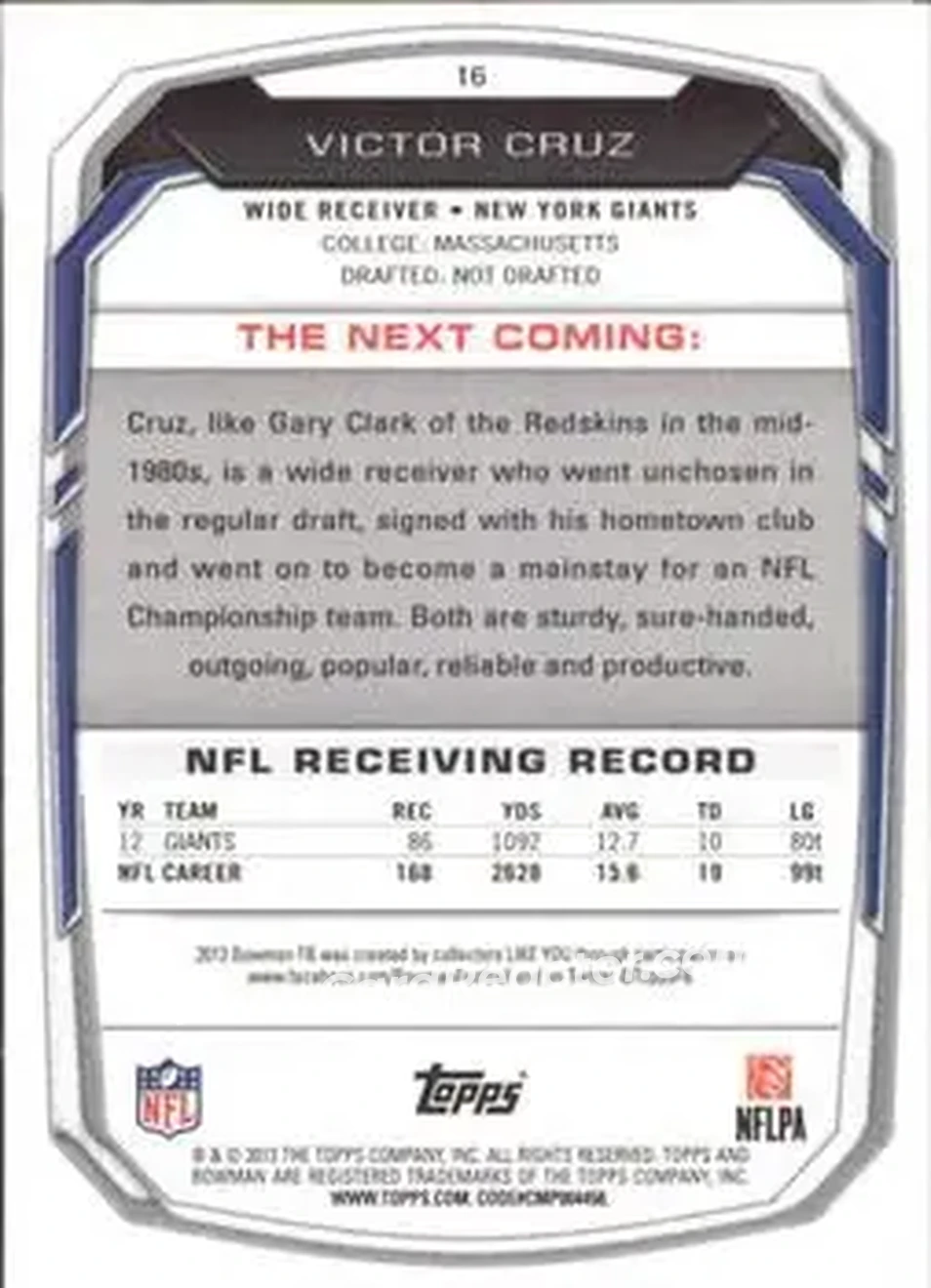 2013 Bowman #16 - Victor Cruz - New York Giants - Back
