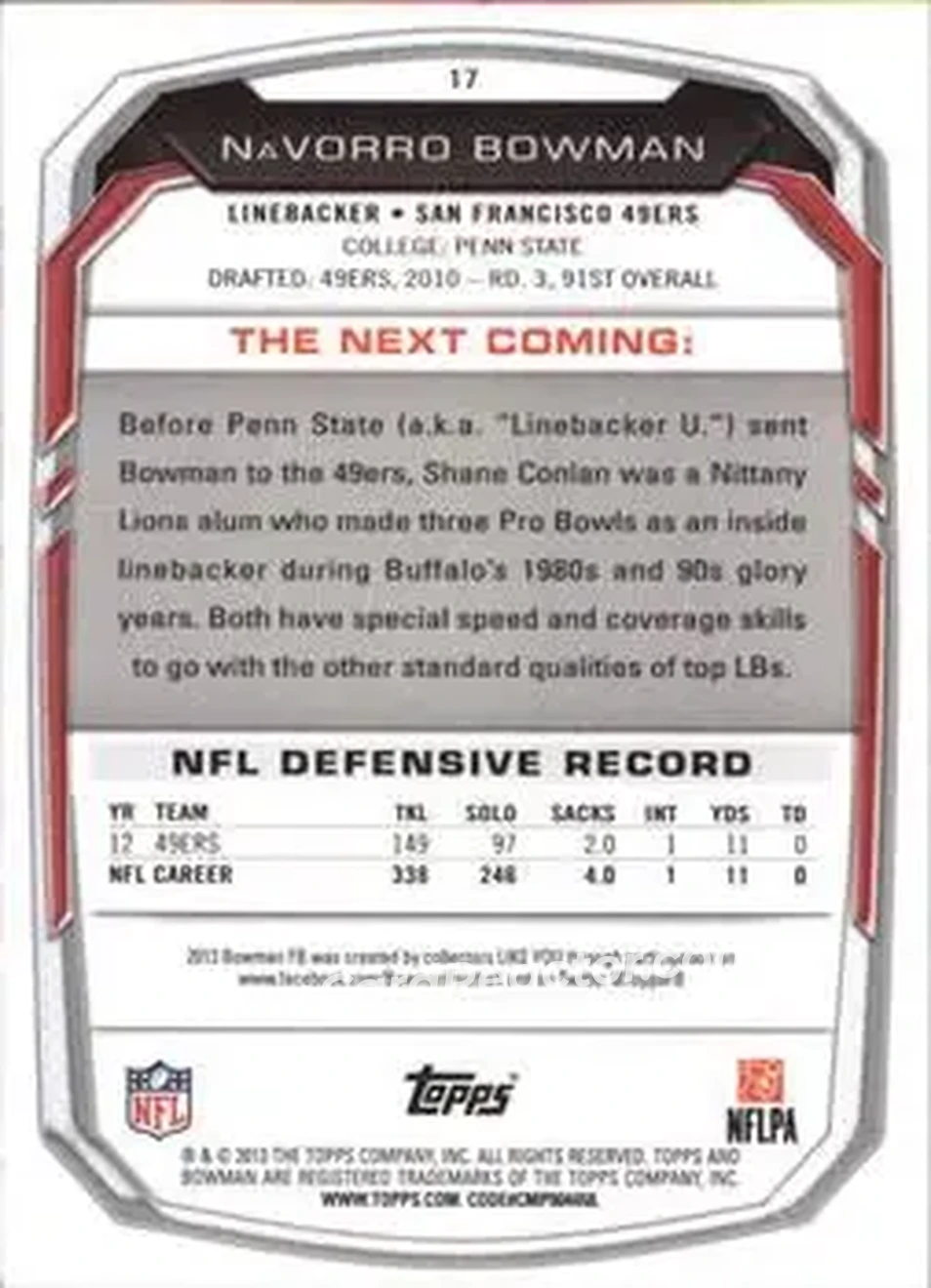 2013 Bowman #17 - Navorro Bowman - San Francisco 49ers - Back