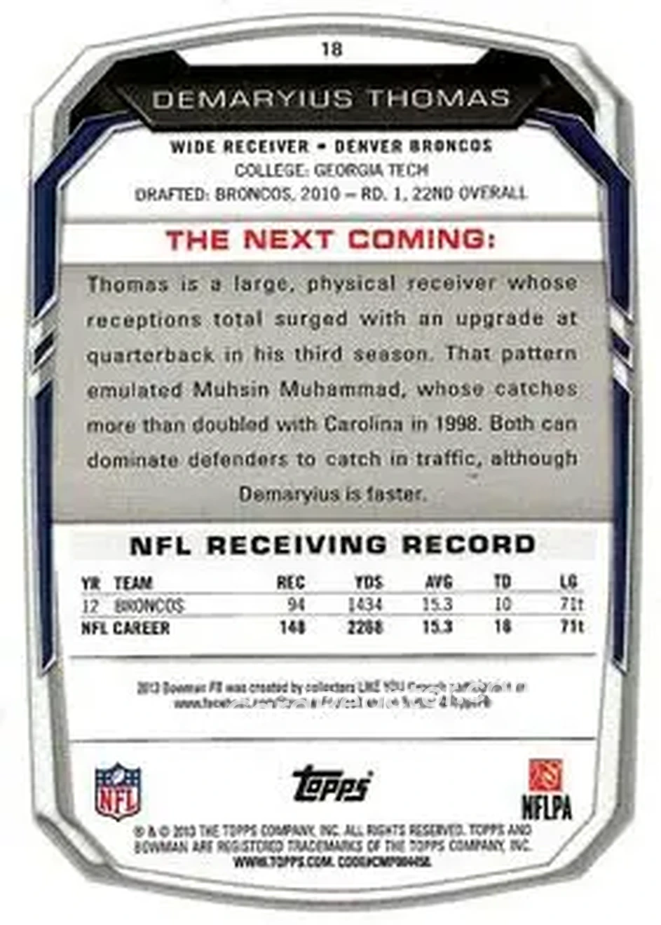 2013 Bowman #18 - Demaryius Thomas - Denver Broncos - Back