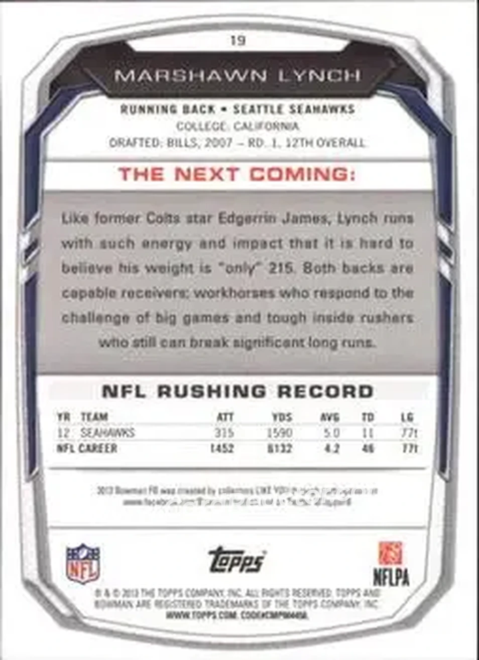 2013 Bowman #19 - Marshawn Lynch - Seattle Seahawks - Back