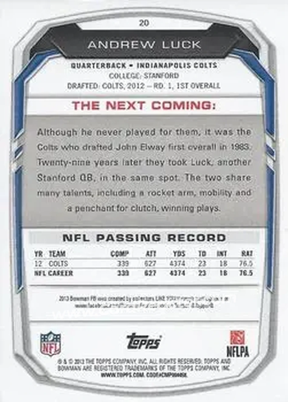 2013 Bowman #20 - Andrew Luck - Indianapolis Colts - Back