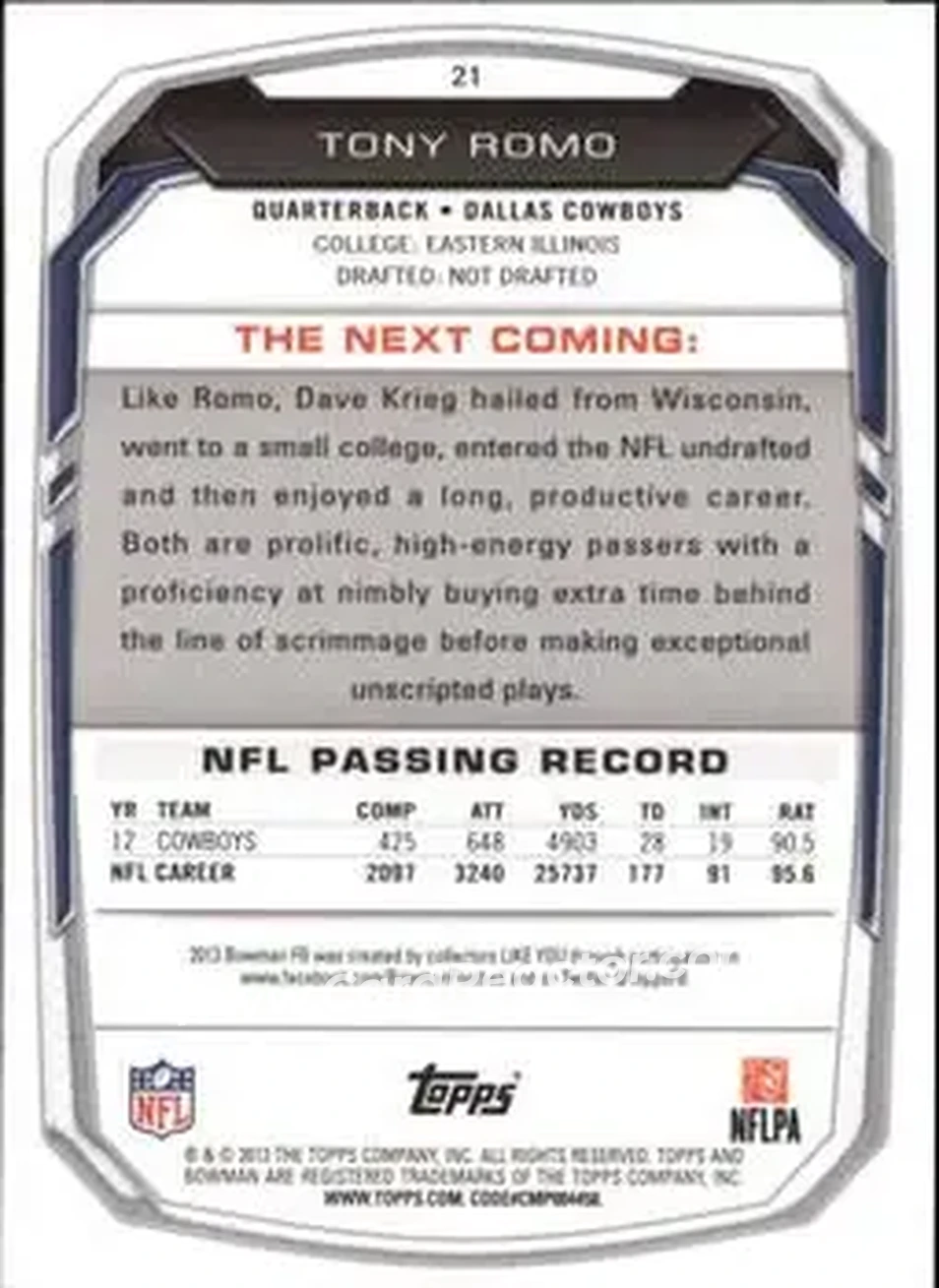 2013 Bowman #21 - Tony Romo - Dallas Cowboys - Back