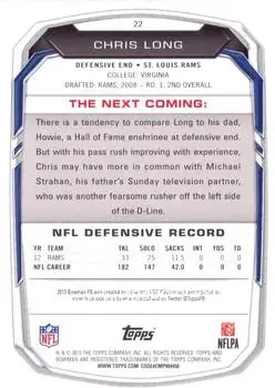 2013 Bowman #22 - Chris Long - St. Louis Rams - Back