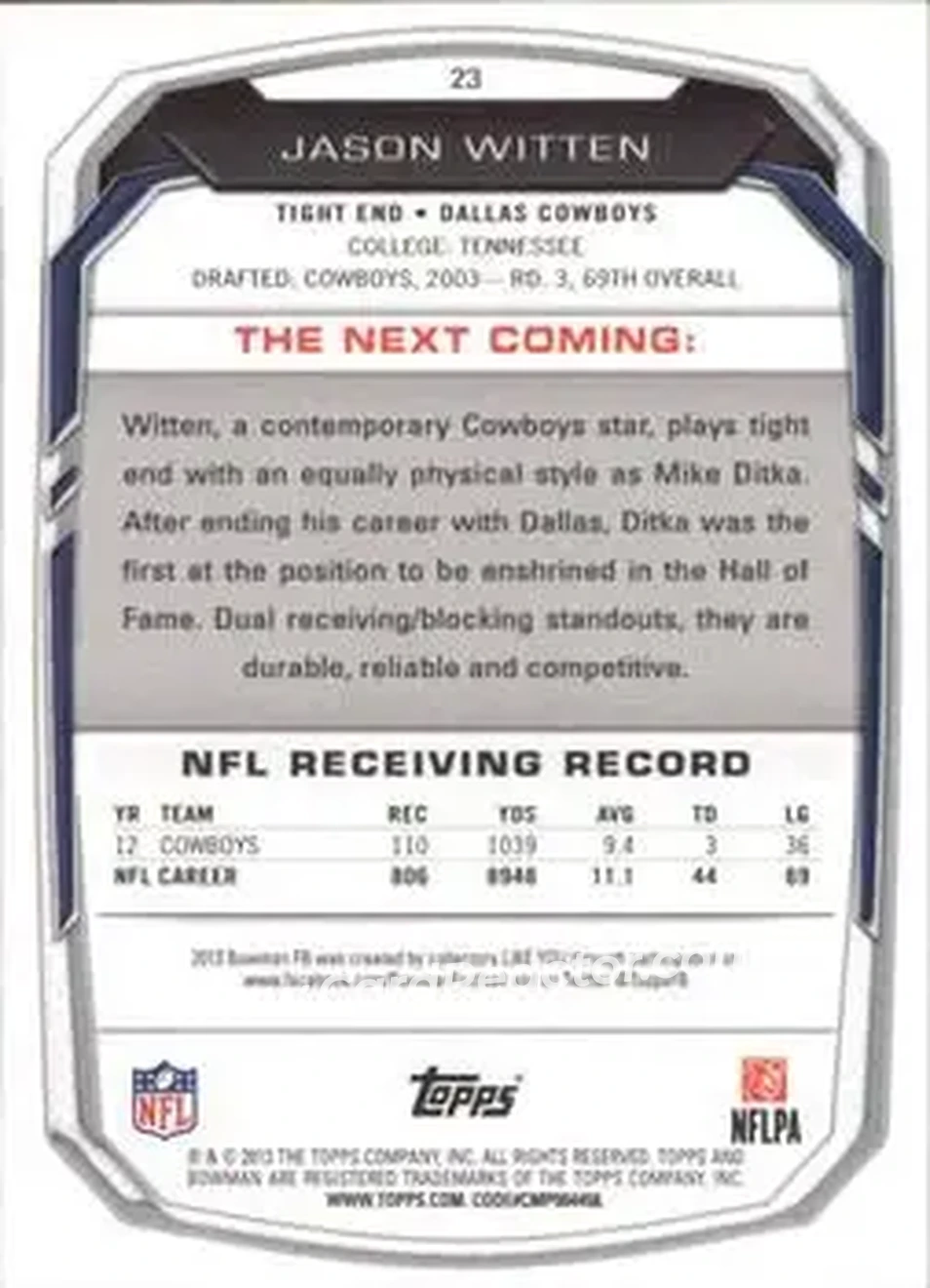 2013 Bowman #23 - Jason Witten - Dallas Cowboys - Back