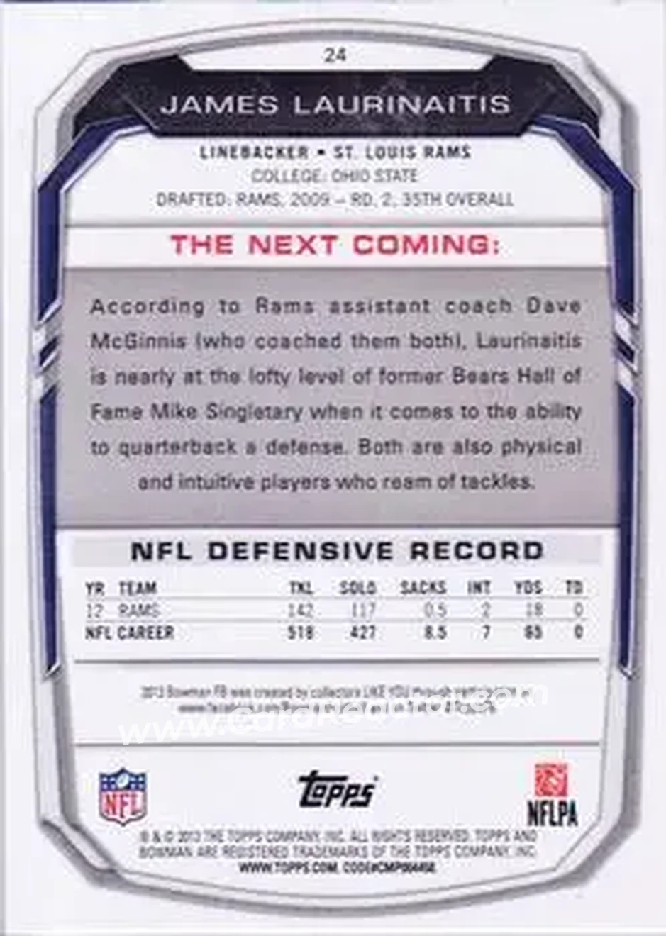 2013 Bowman #24 - James Laurinaitis - St. Louis Rams - Back