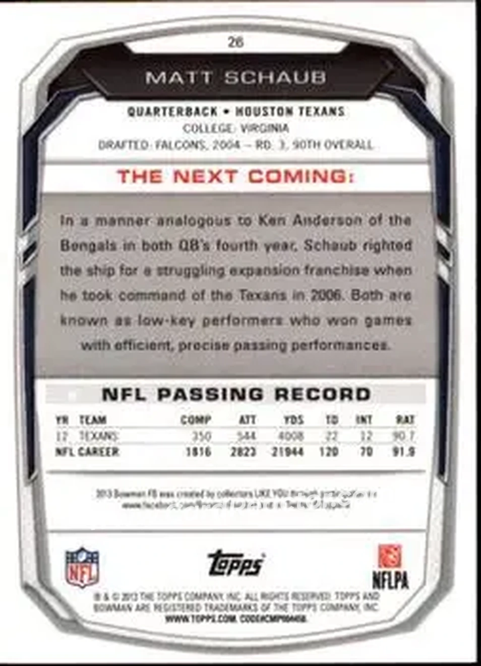 2013 Bowman #26 - Matt Schaub - Houston Texans - Back