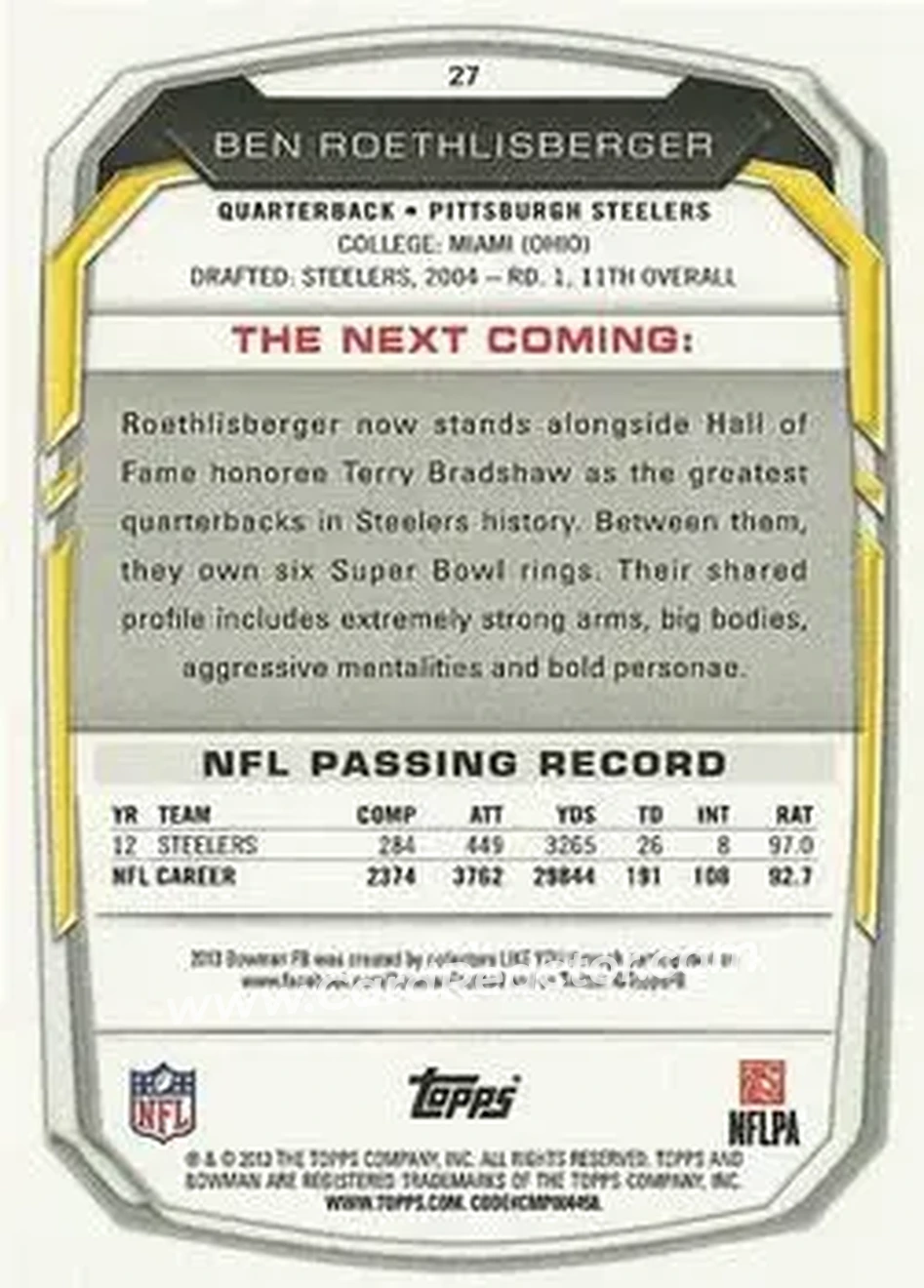 2013 Bowman #27 - Ben Roethlisberger - Pittsburgh Steelers - Back