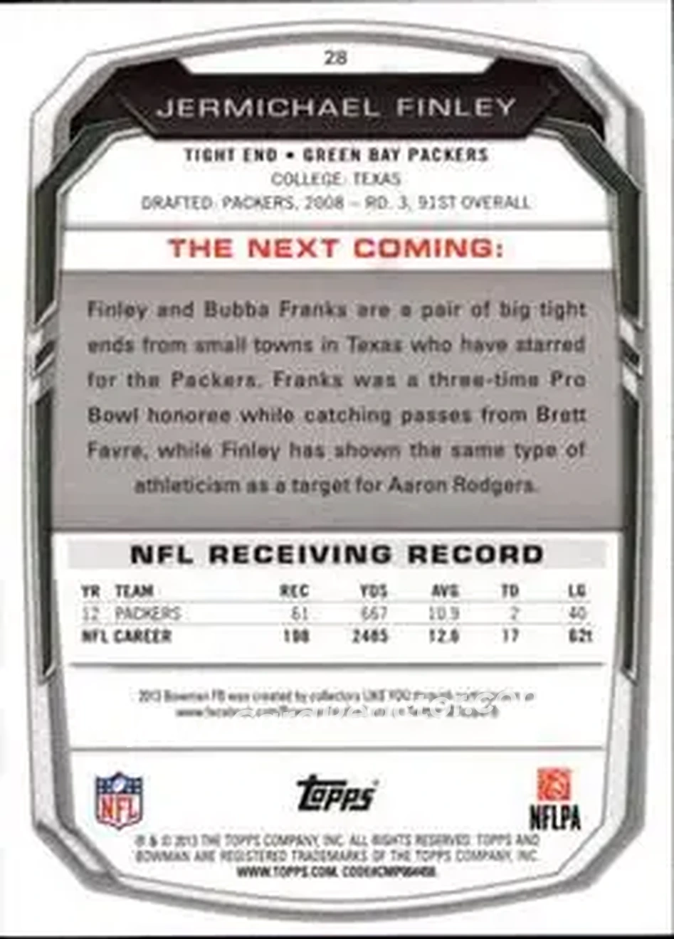 2013 Bowman #28 - Jermichael Finley - Green Bay Packers - Back