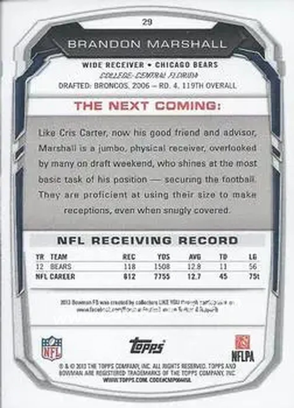 2013 Bowman #29 - Brandon Marshall - Chicago Bears - Back