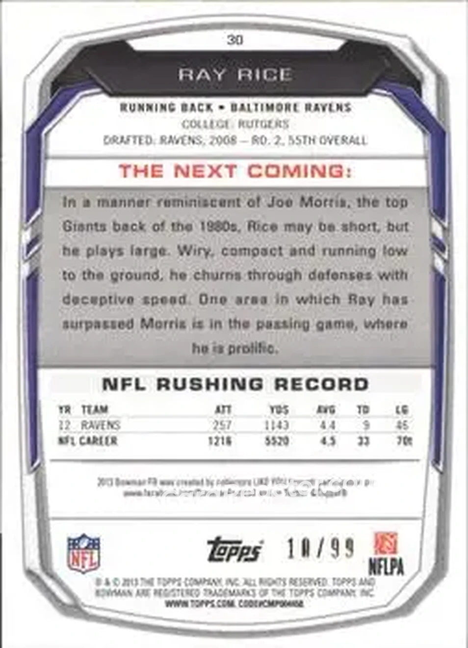 2013 Bowman #30 - Ray Rice - Baltimore Ravens - Back
