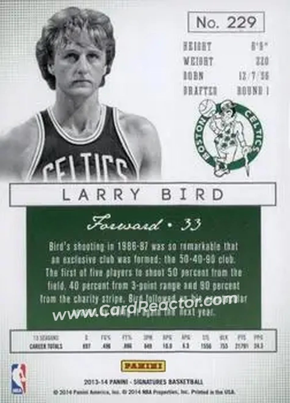 2013-14 Panini Signatures #229 - Larry Bird - Boston Celtics - Back