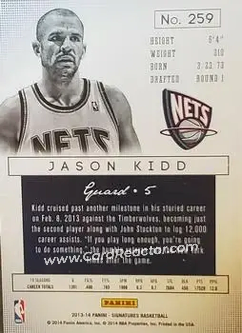 2013-14 Panini Signatures #259 - Jason Kidd - New Jersey Nets - Back 2013-14 Panini Signatures #259 - Jason Kidd - New Jersey Nets - Back