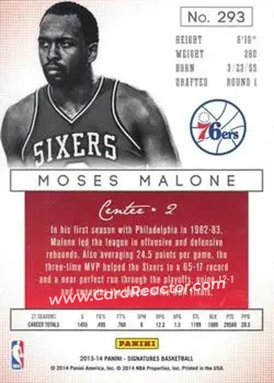2013-14 Panini Signatures #293 - Moses Malone - Philadelphia 76ers - Back