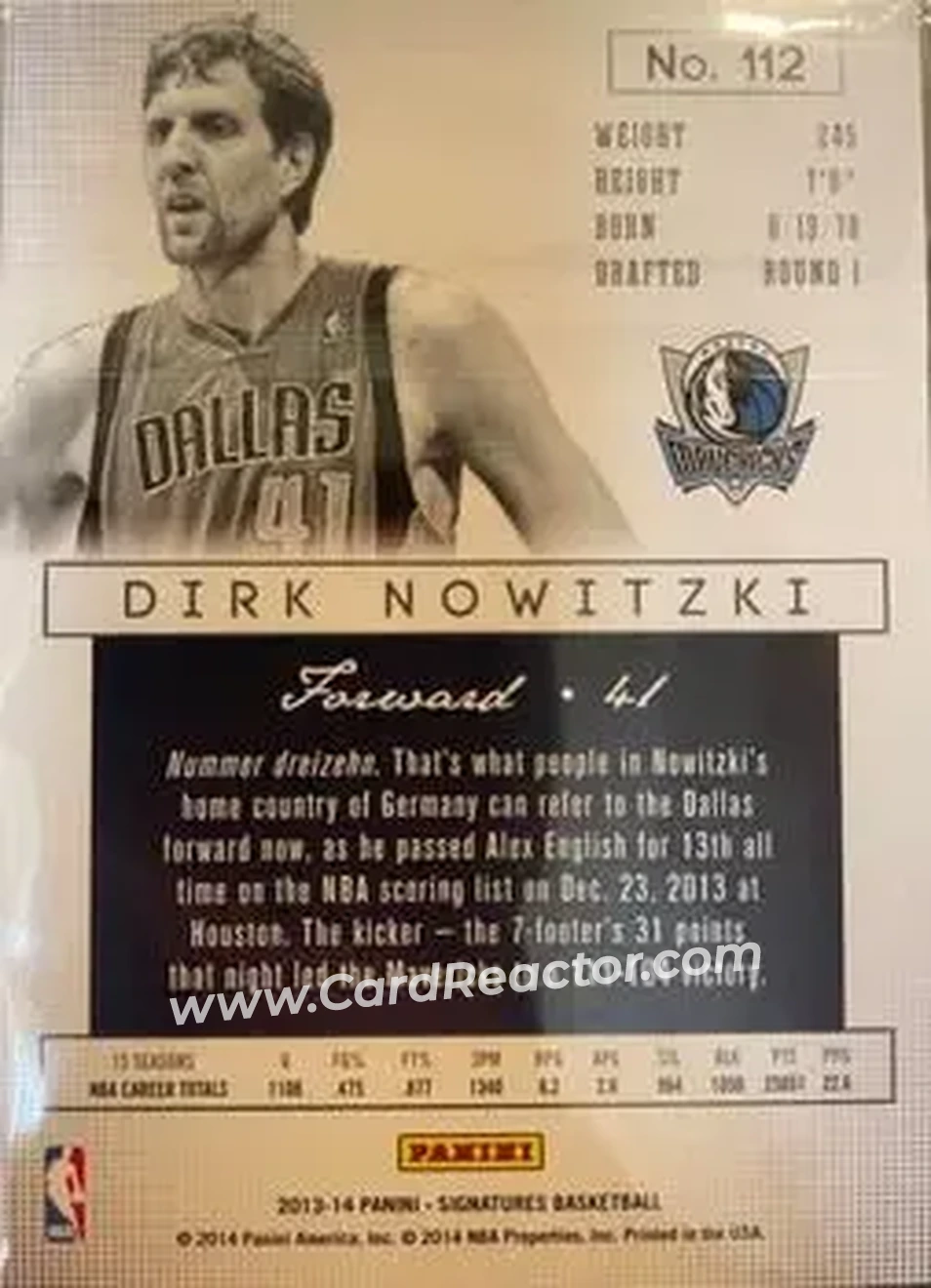 2013-14 Panini Signatures - Blue #112 - Dirk Nowitzki - Dallas Mavericks - Back