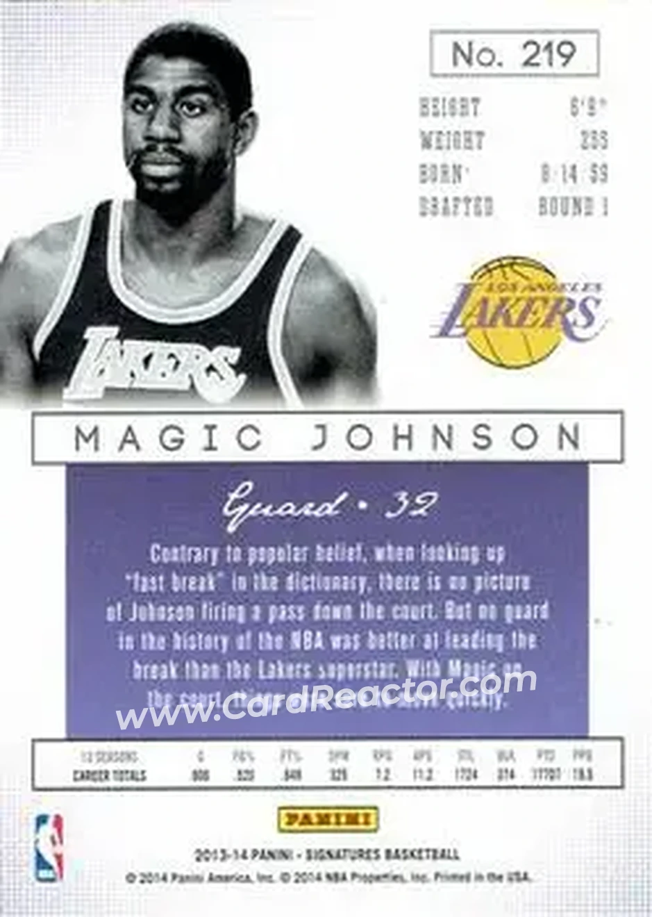 2013-14 Panini Signatures - Blue #219 - Magic Johnson - Los Angeles Lakers - Back