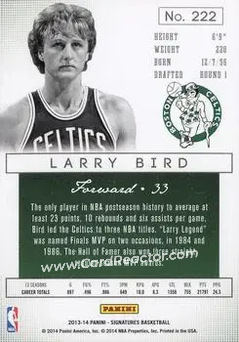 2013-14 Panini Signatures - Blue #222 - Larry Bird - Boston Celtics - Back 2013-14 Panini Signatures - Blue #222 - Larry Bird - Boston Celtics - Back