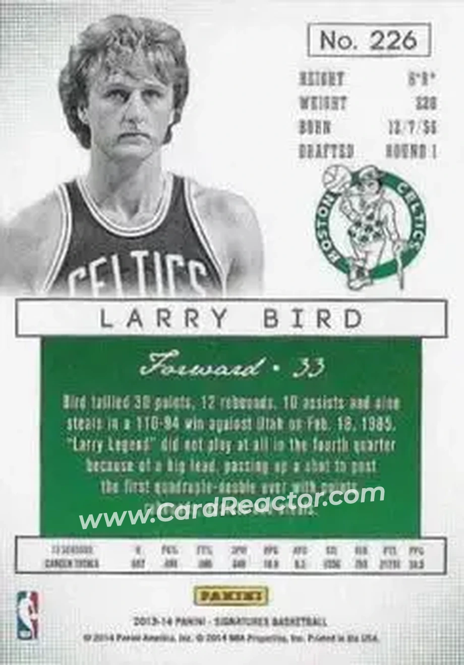 2013-14 Panini Signatures - Blue #226 - Larry Bird - Boston Celtics - Back 2013-14 Panini Signatures - Blue #226 - Larry Bird - Boston Celtics - Back
