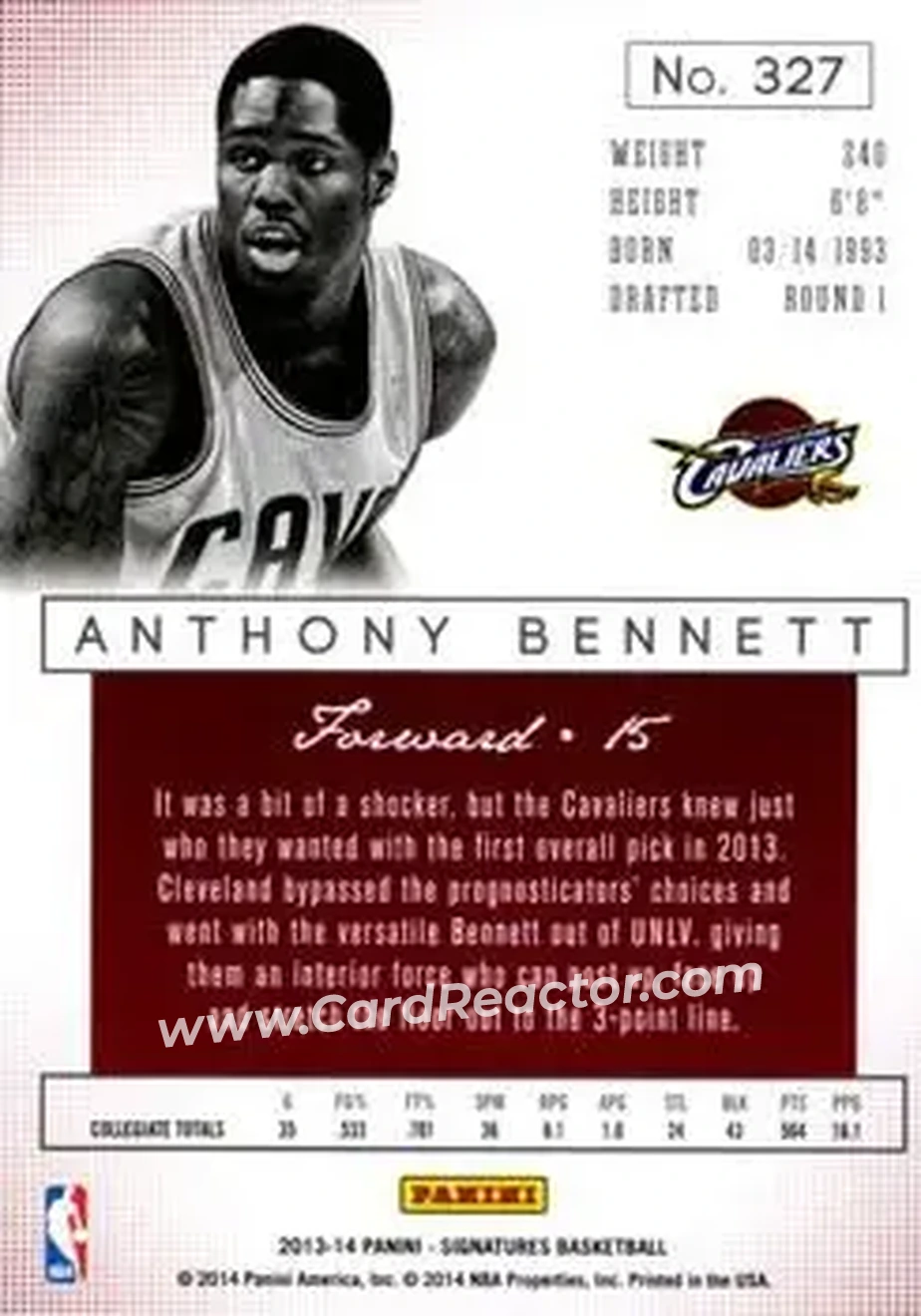 2013-14 Panini Signatures - Blue #327 - Anthony Bennett - Cleveland Cavaliers - Back 2013-14 Panini Signatures - Blue #327 - Anthony Bennett - Cleveland Cavaliers - Back