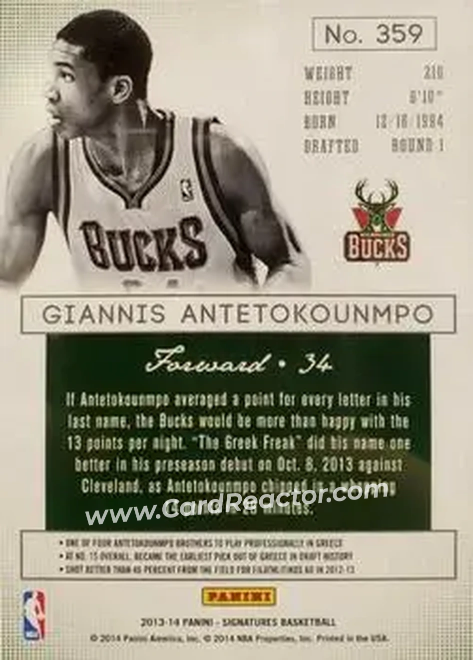 2013-14 Panini Signatures - Blue #359 - Giannis Antetokounmpo - Milwaukee Bucks - Back