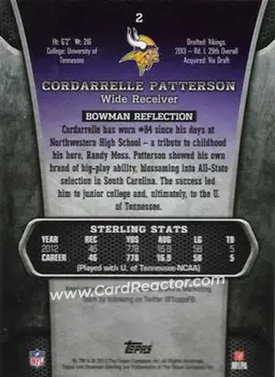 2013 Bowman Sterling #2 - Cordarrelle Patterson - Minnesota Vikings - Back 2013 Bowman Sterling #2 - Cordarrelle Patterson - Minnesota Vikings - Back