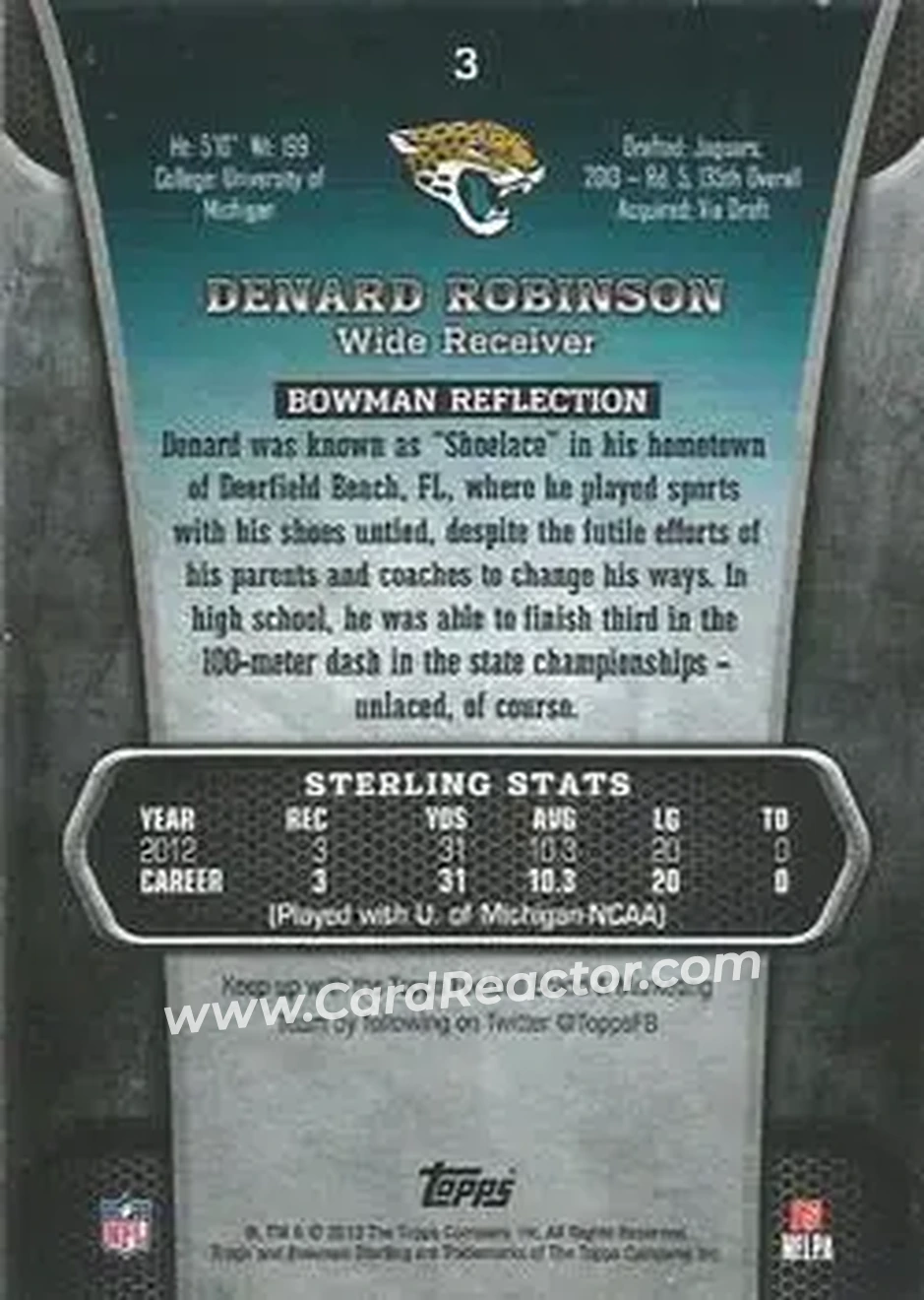 2013 Bowman Sterling #3 - Denard "Shoelace" Robinson - Jacksonville Jaguars - Back 2013 Bowman Sterling #3 - Denard "Shoelace" Robinson - Jacksonville Jaguars - Back