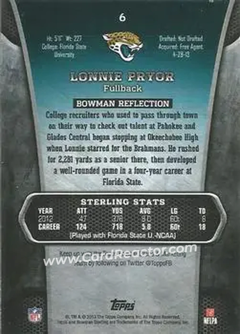 2013 Bowman Sterling #6 - Lonnie Pryor - Jacksonville Jaguars - Back