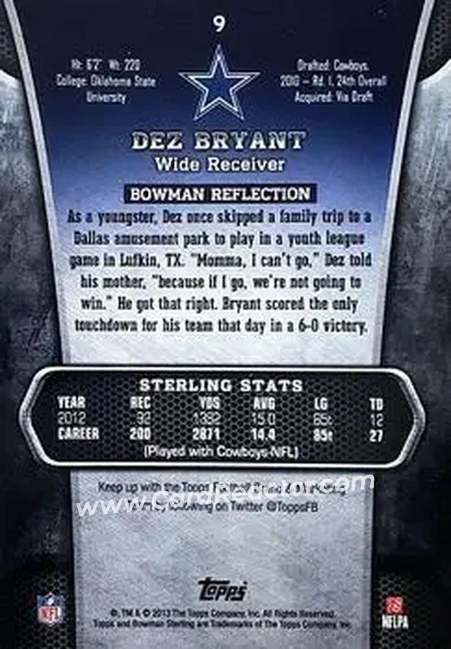 2013 Bowman Sterling #9 - Dez Bryant - Dallas Cowboys - Back