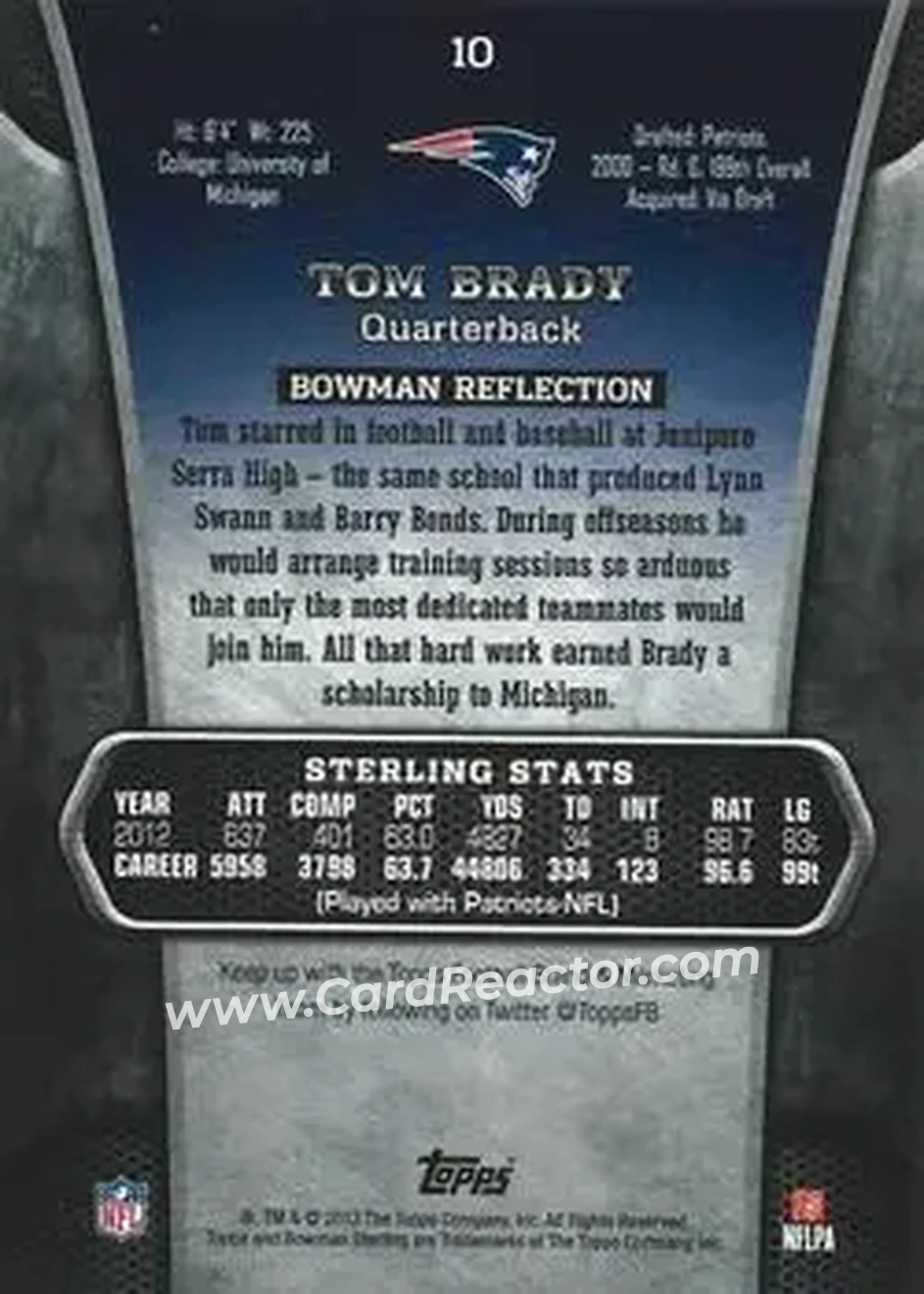 2013 Bowman Sterling #10 - Tom Brady - New England Patriots - Back 2013 Bowman Sterling #10 - Tom Brady - New England Patriots - Back