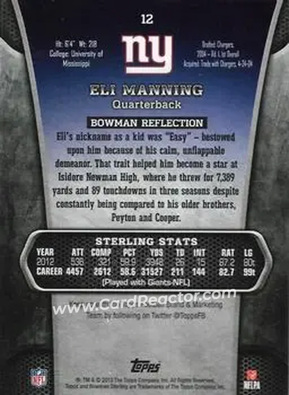 2013 Bowman Sterling #12 - Eli Manning - New York Giants - Back