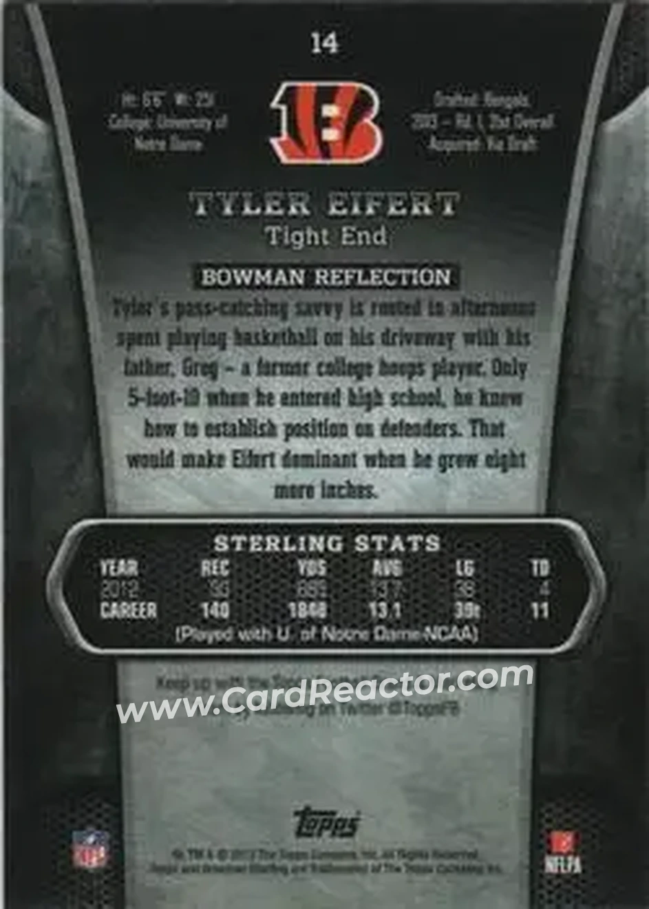 2013 Bowman Sterling #14 - Tyler Eifert - Cincinnati Bengals - Back