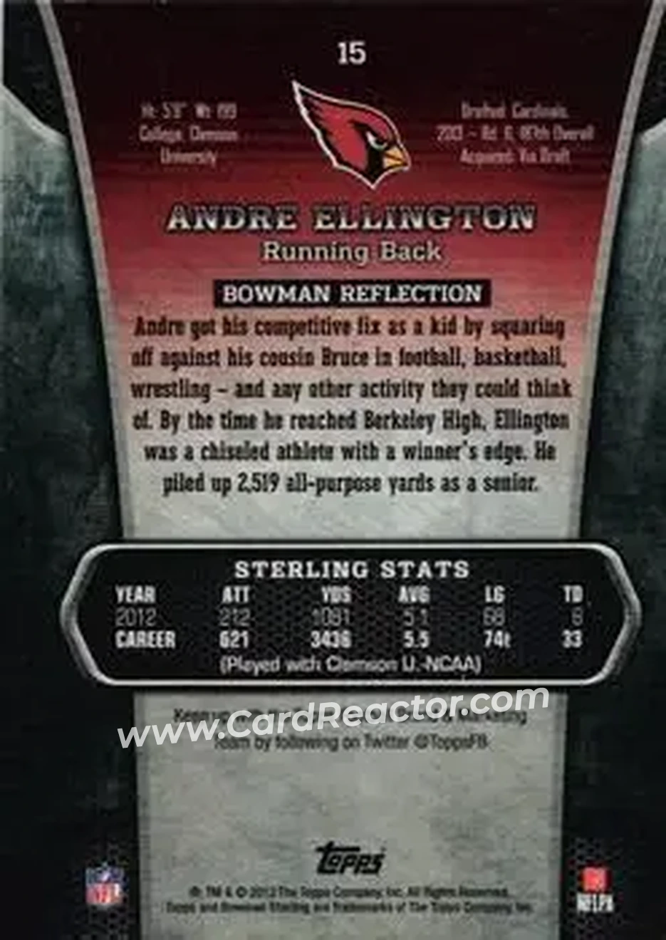 2013 Bowman Sterling #15 - Andre Ellington - Arizona Cardinals - Back