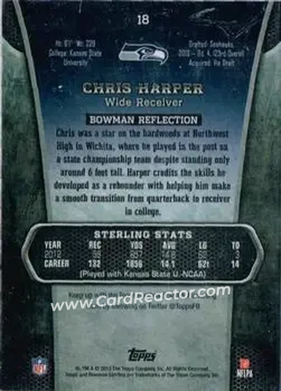2013 Bowman Sterling #18 - Chris Harper - Seattle Seahawks - Back