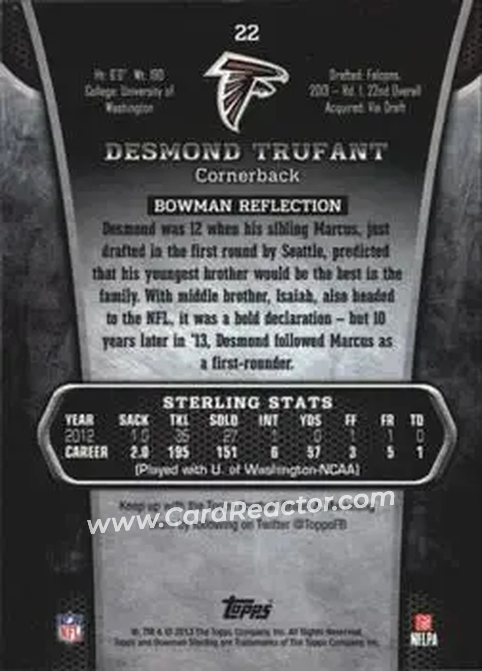 2013 Bowman Sterling #22 - Desmond Trufant - Atlanta Falcons - Back 2013 Bowman Sterling #22 - Desmond Trufant - Atlanta Falcons - Back